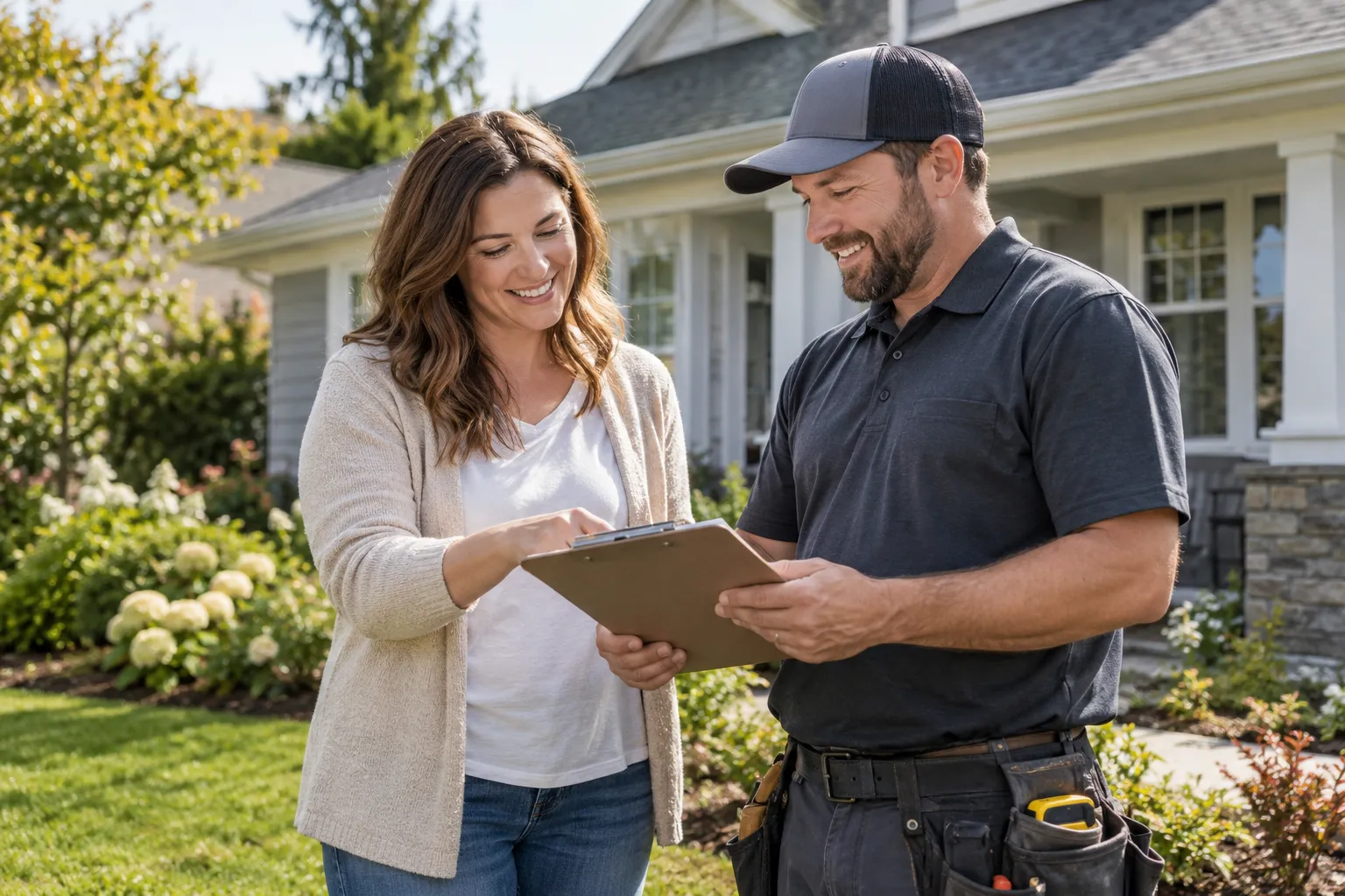 A homeowner in the Cleveland area talking with a local roofing provider about a roof quote